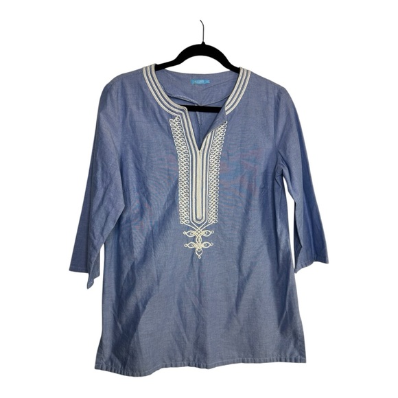 J.McLaughlin Blue Embroidered 3/4 Sleeve 100% Cotton Tunic Top Size Medium - Picture 1 of 6